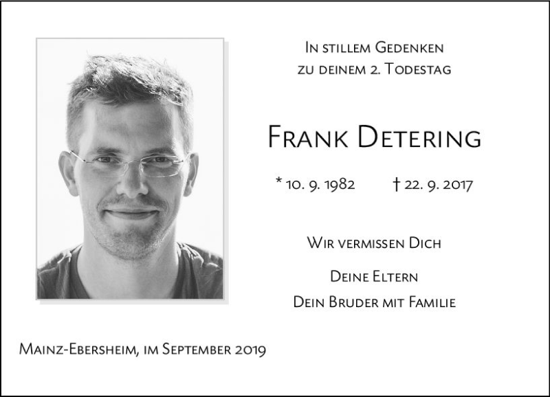  Traueranzeige für Frank Detering vom 21.09.2019 aus vrm-trauer