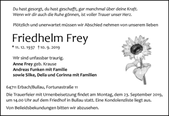 Traueranzeige von Friedhelm Frey von vrm-trauer