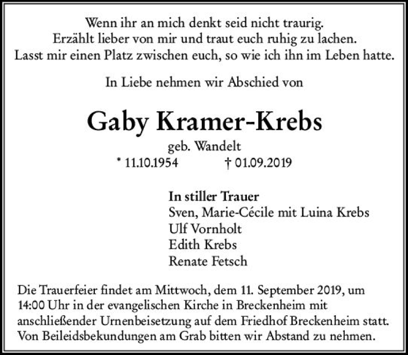  Traueranzeige für Gaby Kramer-Krebs vom 07.09.2019 aus vrm-trauer