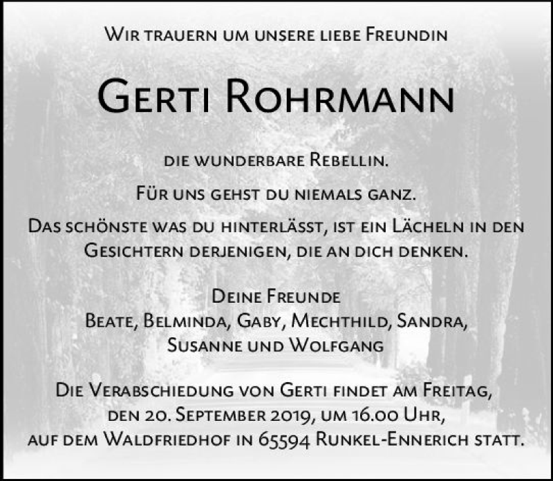  Traueranzeige für Gerti Rohrmann vom 07.09.2019 aus vrm-trauer