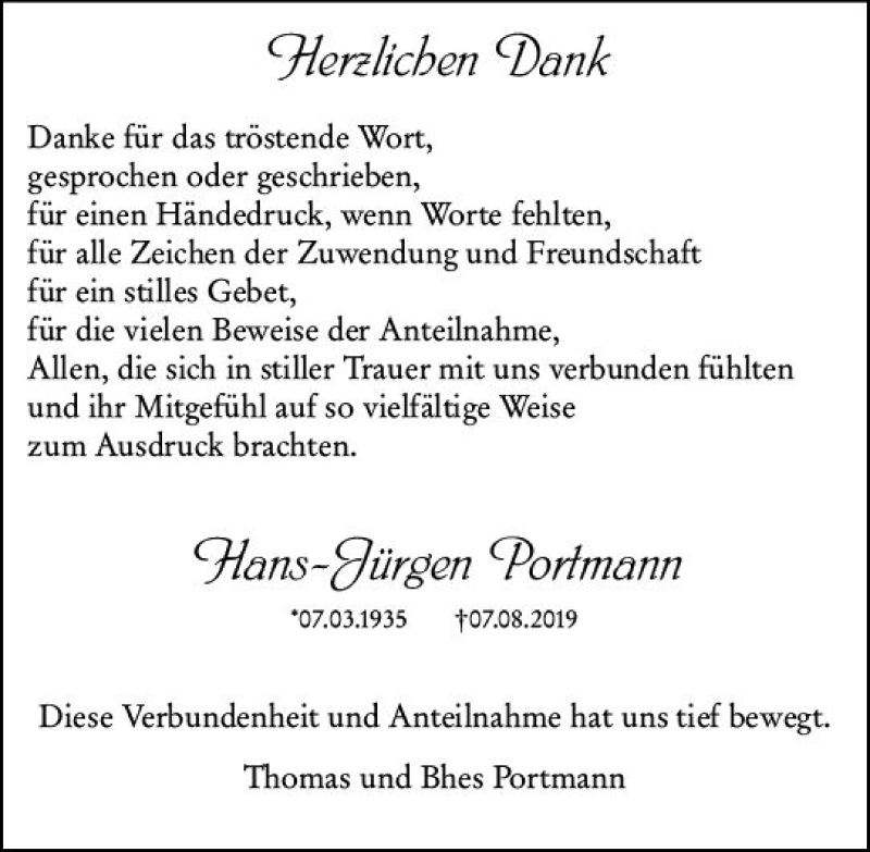  Traueranzeige für Hans-Jürgen Portmann vom 21.09.2019 aus vrm-trauer