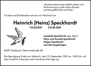 Traueranzeige von Heinrich Speckhardt von vrm-trauer