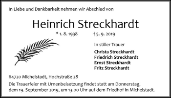 Traueranzeige von Heinrich Streckhardt von vrm-trauer