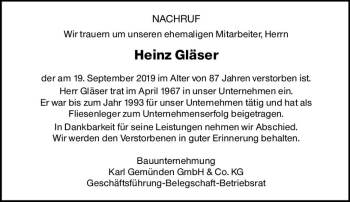 Traueranzeige von Heinz Gläser von vrm-trauer
