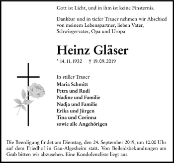 Traueranzeige von Heinz Gläser von vrm-trauer