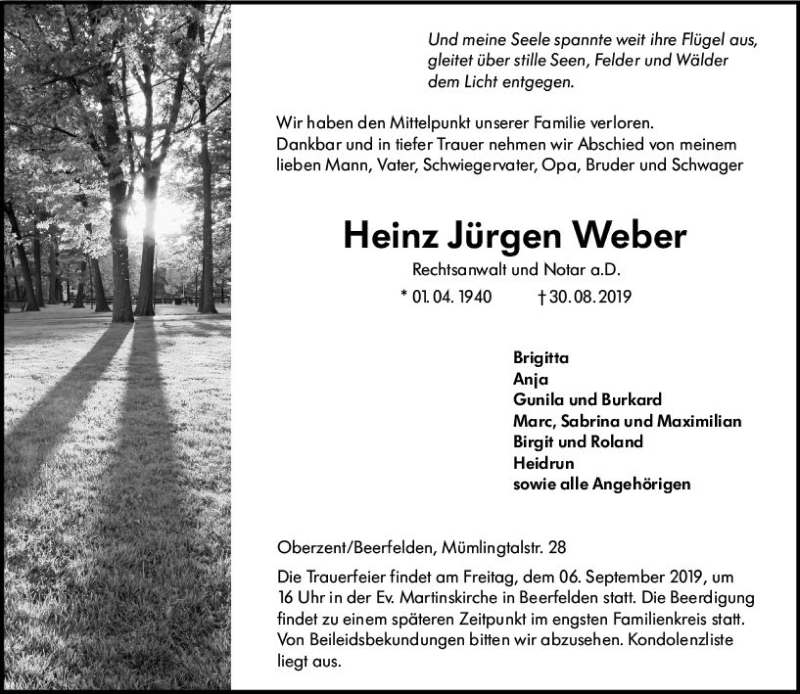  Traueranzeige für Heinz Jürgen Weber vom 04.09.2019 aus vrm-trauer