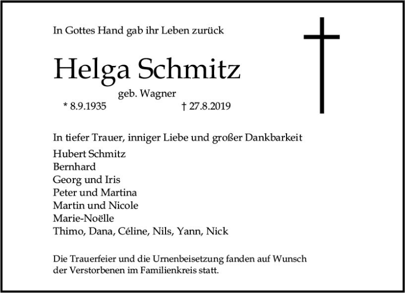  Traueranzeige für Helga Schmitz vom 14.09.2019 aus vrm-trauer