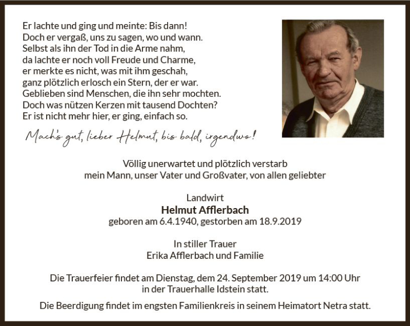  Traueranzeige für Helmut Afflerbach vom 21.09.2019 aus vrm-trauer