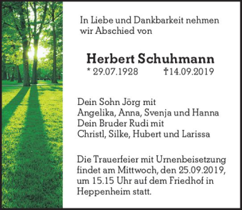 Traueranzeige von Herbert Schuhmann von vrm-trauer