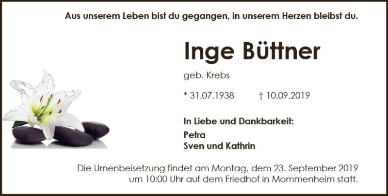  Traueranzeige für Inge Büttner vom 14.09.2019 aus vrm-trauer