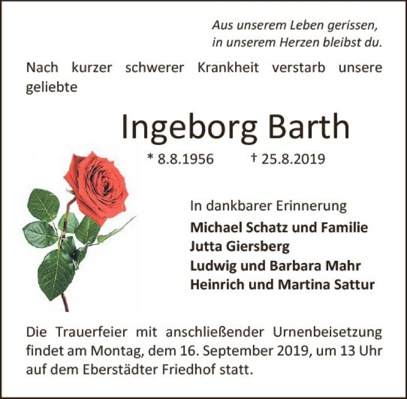  Traueranzeige für Ingeborg Barth vom 07.09.2019 aus vrm-trauer