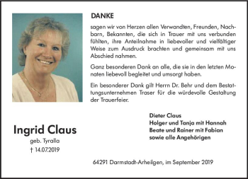 Traueranzeige von Ingrid Claus von vrm-trauer