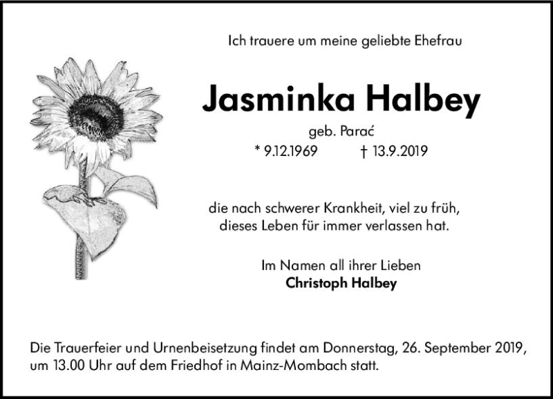  Traueranzeige für Jasminka Halbey vom 21.09.2019 aus vrm-trauer
