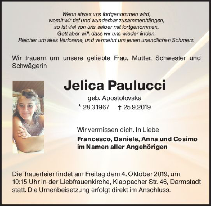  Traueranzeige für Jelica Paulucci vom 28.09.2019 aus vrm-trauer