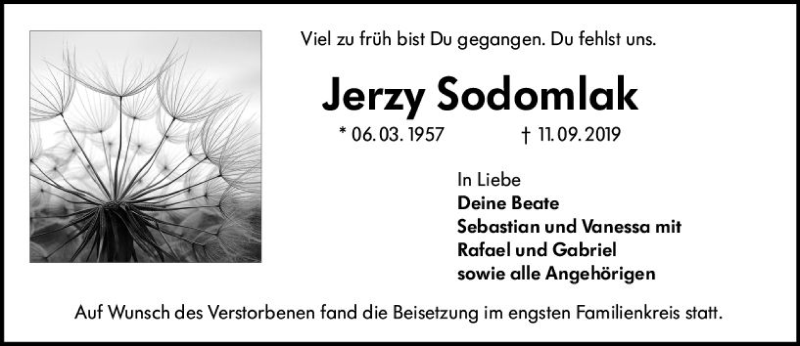  Traueranzeige für Jerzy Sodomlak vom 28.09.2019 aus vrm-trauer