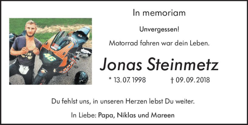  Traueranzeige für Jonas Steinmetz vom 09.09.2019 aus vrm-trauer