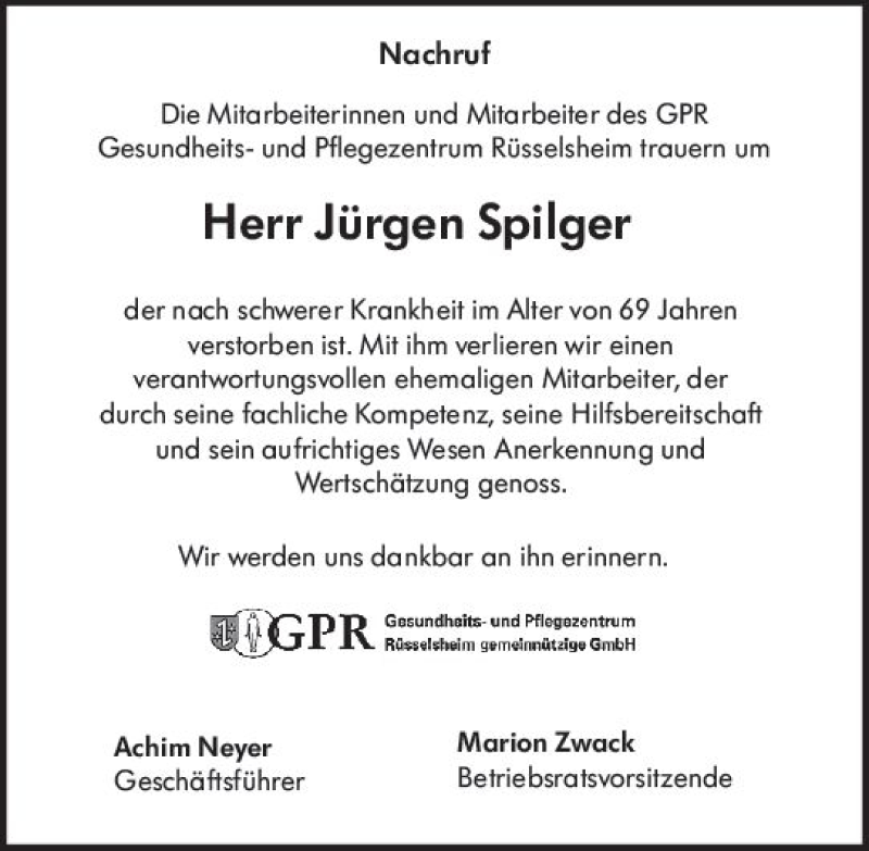  Traueranzeige für Jürgen Spilger vom 14.09.2019 aus vrm-trauer