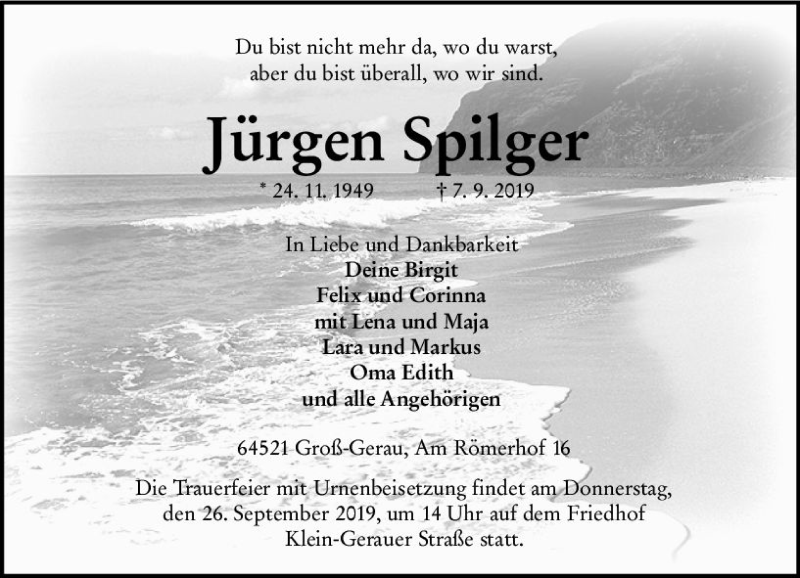  Traueranzeige für Jürgen Spilger vom 14.09.2019 aus vrm-trauer