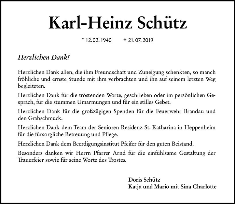  Traueranzeige für Karl-Heinz Schütz vom 14.09.2019 aus vrm-trauer