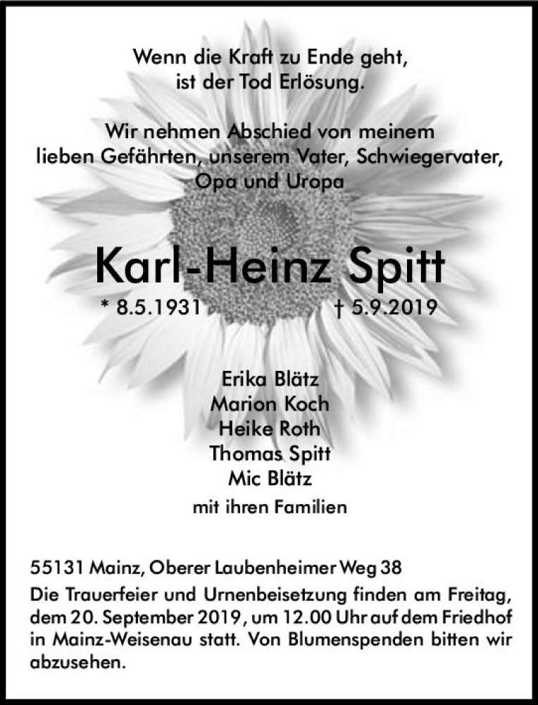  Traueranzeige für Karl-Heinz Spitt vom 14.09.2019 aus vrm-trauer