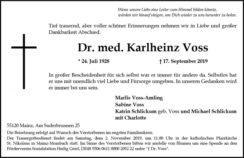  Traueranzeige für Karlheinz Voss vom 21.09.2019 aus vrm-trauer