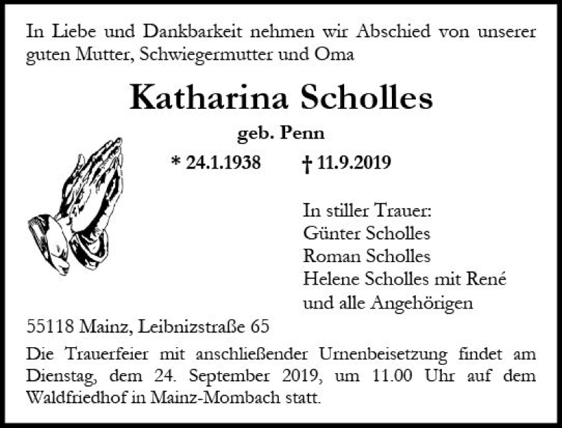  Traueranzeige für Katharina Scholles vom 21.09.2019 aus vrm-trauer