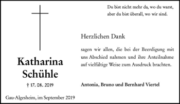 Traueranzeige von Katharina Schühle von vrm-trauer