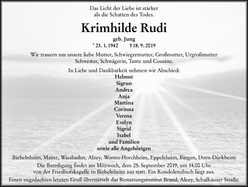 Traueranzeige für Krimhilde Rudi vom 21.09.2019 aus vrm-trauer