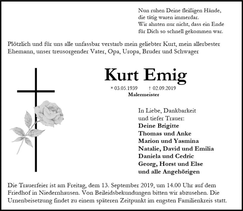  Traueranzeige für Kurt Emig vom 07.09.2019 aus vrm-trauer