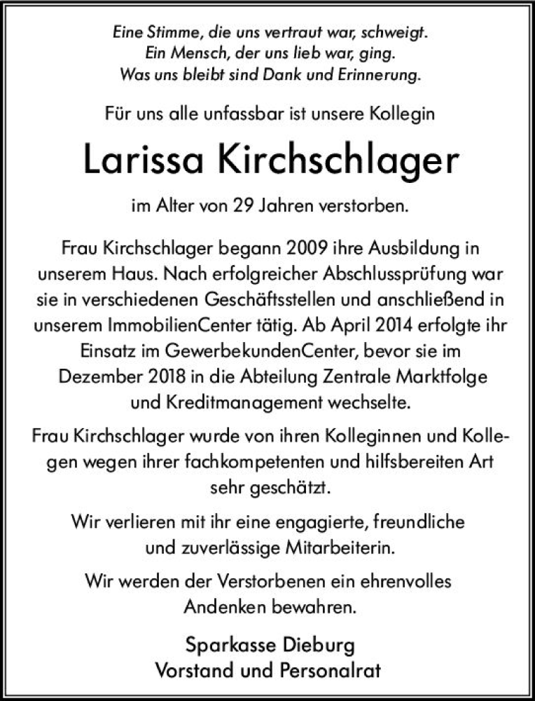  Traueranzeige für Larissa Kirchschlager vom 07.09.2019 aus vrm-trauer