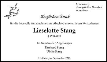 Traueranzeige von Lieselotte Stang von vrm-trauer