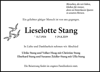 Traueranzeige von Lieselotte Stang von vrm-trauer