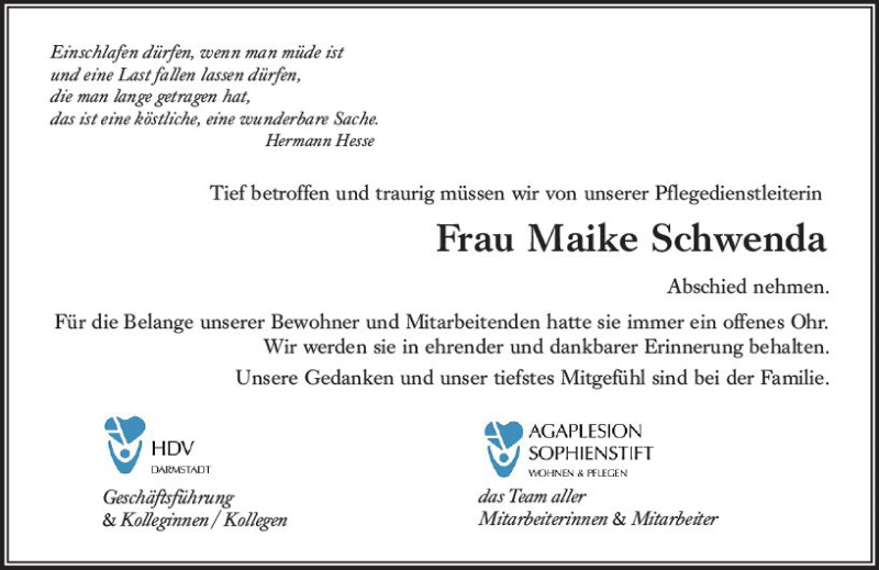  Traueranzeige für Maike Schwenda vom 04.09.2019 aus vrm-trauer