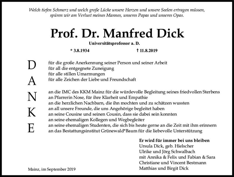  Traueranzeige für Manfred Dick vom 14.09.2019 aus vrm-trauer