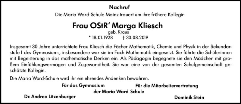  Traueranzeige für Marga Kliesch vom 07.09.2019 aus vrm-trauer