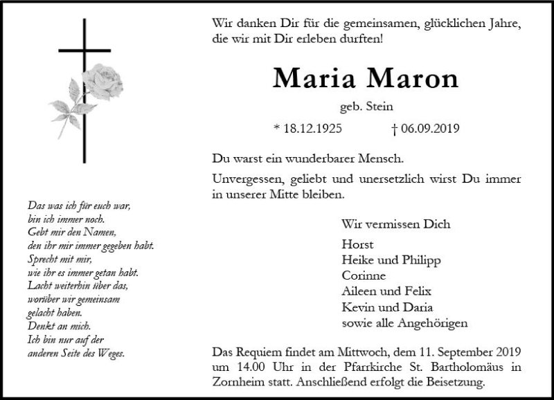  Traueranzeige für Maria Maron vom 10.09.2019 aus vrm-trauer