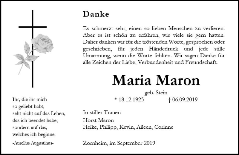  Traueranzeige für Maria Maron vom 28.09.2019 aus vrm-trauer