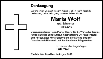 Traueranzeige von Maria Wolf von vrm-trauer