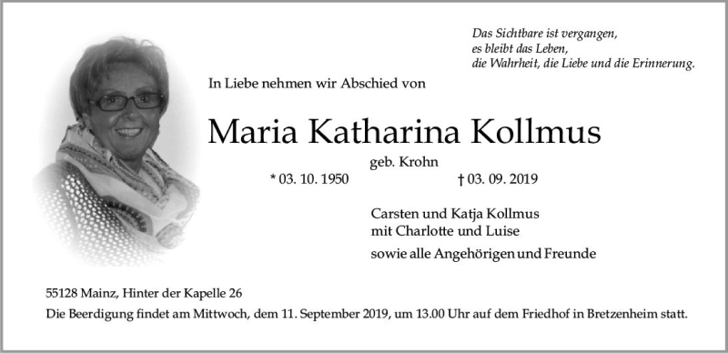  Traueranzeige für Maria Katharina Kollmus vom 07.09.2019 aus vrm-trauer