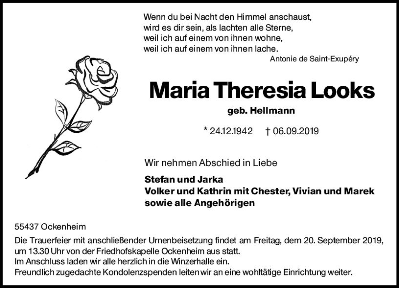  Traueranzeige für Maria Theresia Looks vom 14.09.2019 aus vrm-trauer