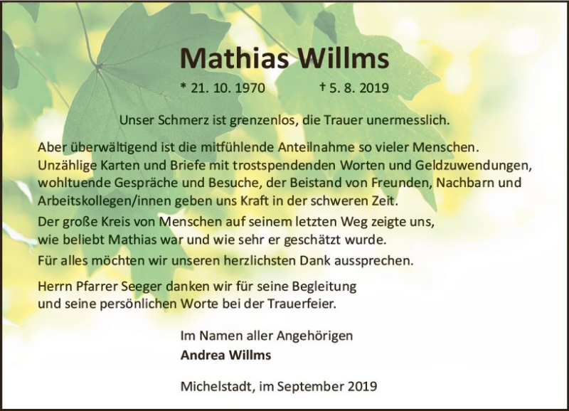  Traueranzeige für Mathias Willms vom 07.09.2019 aus vrm-trauer