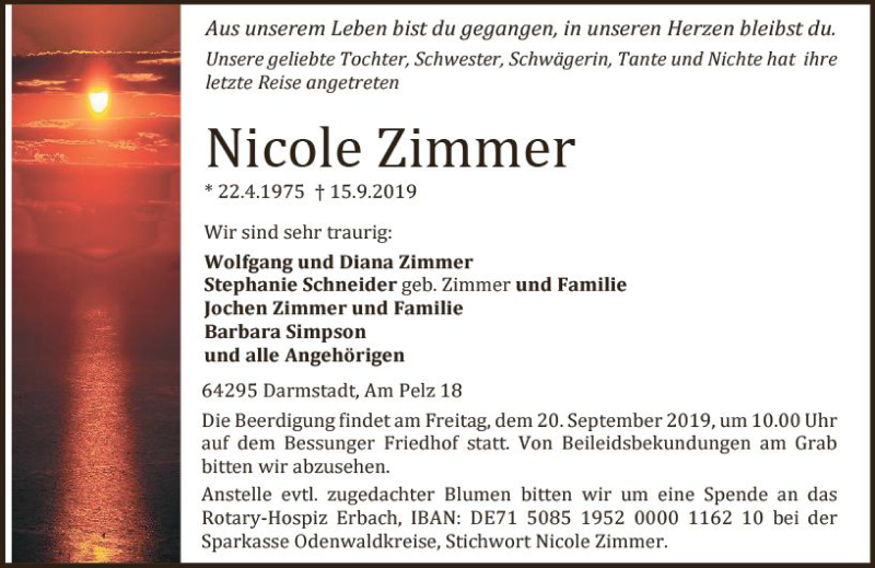  Traueranzeige für Nicole Zimmer vom 18.09.2019 aus vrm-trauer