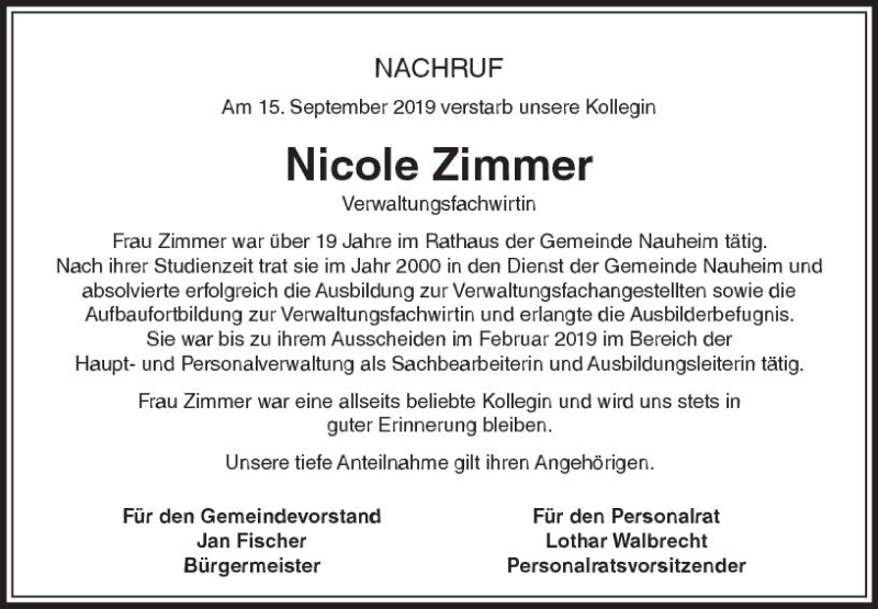  Traueranzeige für Nicole Zimmer vom 26.09.2019 aus vrm-trauer