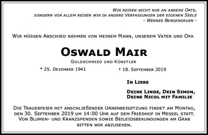  Traueranzeige für Oswald Mair vom 21.09.2019 aus vrm-trauer
