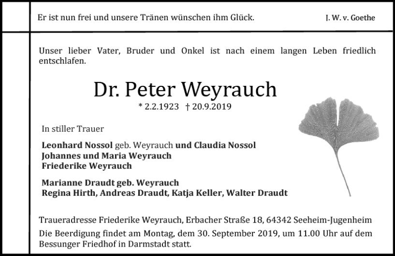  Traueranzeige für Peter Weyrauch vom 25.09.2019 aus vrm-trauer