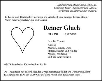 Traueranzeige von Reiner Gluch von vrm-trauer