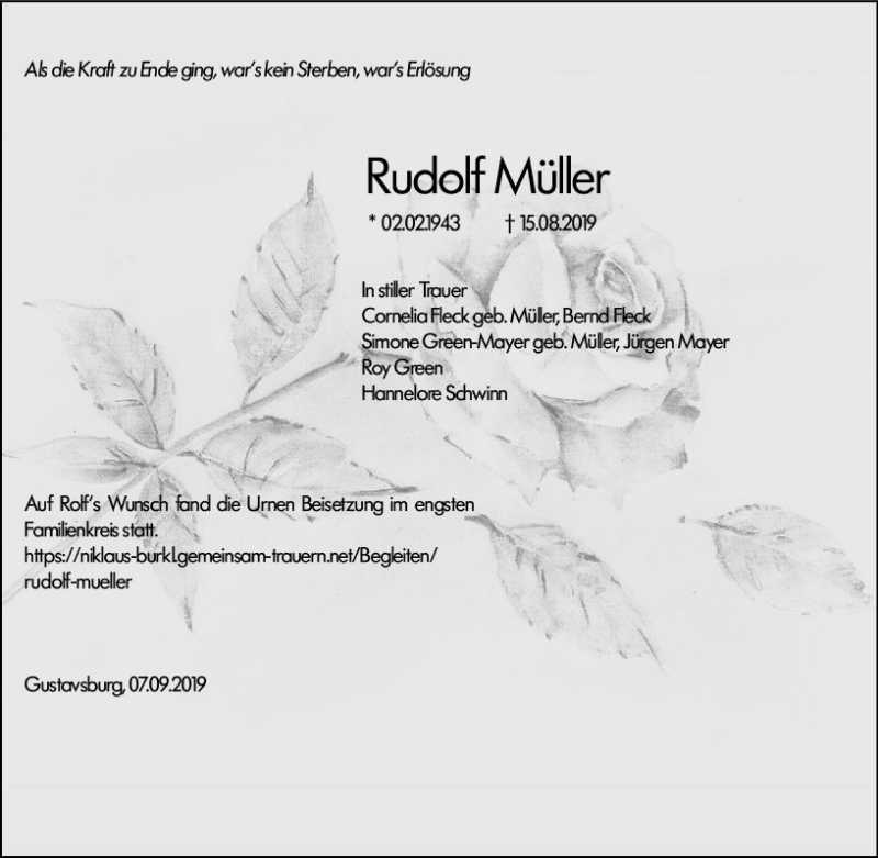  Traueranzeige für Rudolf Müller vom 07.09.2019 aus vrm-trauer