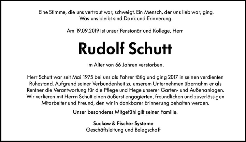  Traueranzeige für Rudolf Schutt vom 28.09.2019 aus vrm-trauer