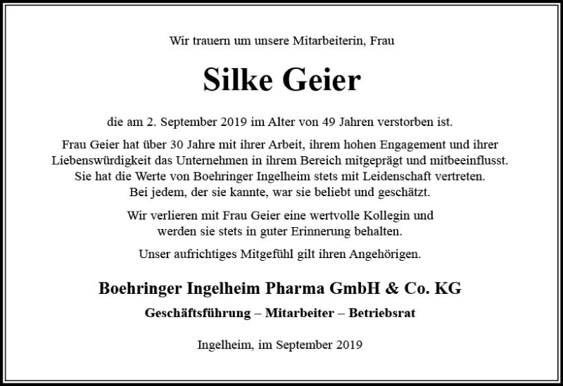  Traueranzeige für Silke Geier vom 10.09.2019 aus vrm-trauer