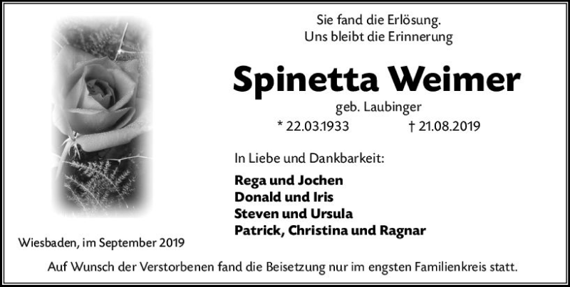  Traueranzeige für Spinetta Weimer vom 07.09.2019 aus vrm-trauer